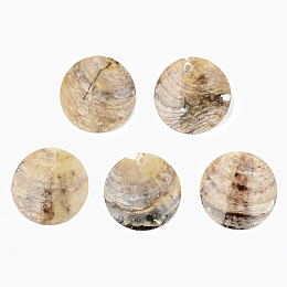 Honeyhandy Natural Akoya Shell Pendants, Mother of Pearl Shell Pendants, Flat Round, Camel, 25x2~5mm, Hole: 1.6mm