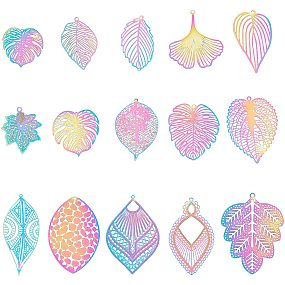 UNICRAFTALE 30pcs 15 Styles Multi-Color Leaf Charms Stainless Steel Filigree Pendants Etched Metal Embellishments Rainbow Color Pendants for Jewelry Making DIY