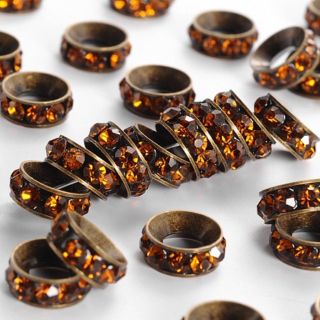 Honeyhandy Brass Rhinestone Spacer Beads, Grade A, Rondelle, Antique Bronze Metal Color, Coffee, 10x4.2mm, Hole: 4.2mm