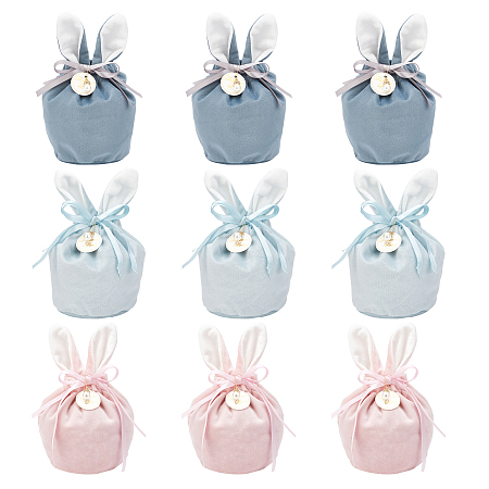 NBEADS 9 Pcs Velvet Jewelry Bags, 3 Colors Easter Rabbit Ear Candy Bags Drawstring Gift Pouches with Plastic Imitation Pearl Bead for Wedding Birthday Easter Party Cookie Packaging