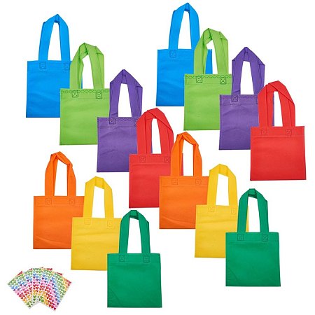 PandaHall Elite 14 Pack 7 Colors Rainbow Color Non-Woven Treat Bags Tote Bags Goodie Gift Bag Grocery Bags Shopping Bag Handles Kids Birthday Party Favor (Size: 11 x 6”, with Stickers)