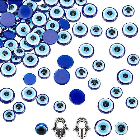 NBEADS 202 Pcs Evil Eye Beads Set, 200 Pcs 2 Sizes Flat Back Evil Eye Cabochons 2 Pcs Hamsa Hand and 1 Pcs Round Evil Eye Resin Bead for DIY Jewelry Making Kit