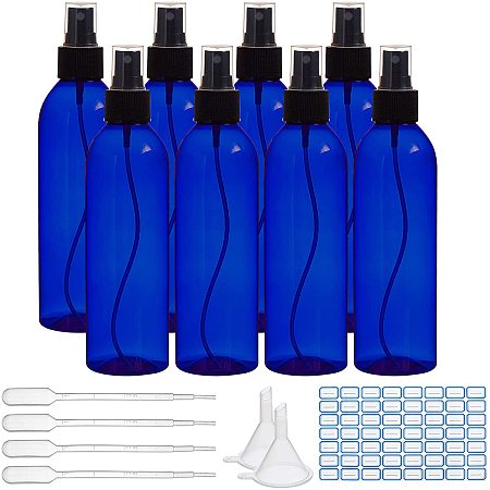 BENECREAT 8 Pack 8.45oz/250ml Blue Plastic Spray Bottle Fine Mist Spray Bottle with Funnel Hopper, Dropper and Label Sticker for Essential Oil Perfume and Lotion Liquid