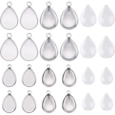 DICOSMETIC 60pcs 2 Styles 304 Stainless Steel Teardrop Pendant Trays Cabochon Settings Plain Edge Bezel Cups with Glass Cabochons for Jewelry Making