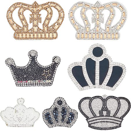 FINGERINSPIRE 7Pcs Crown Rhinestone Clothes Patches, Mixed Style & Size Crystal Sew/Iron on Glitter Hotfix Patches for Clothing Repair Dress Shoes Garment Decoration DIY Gift