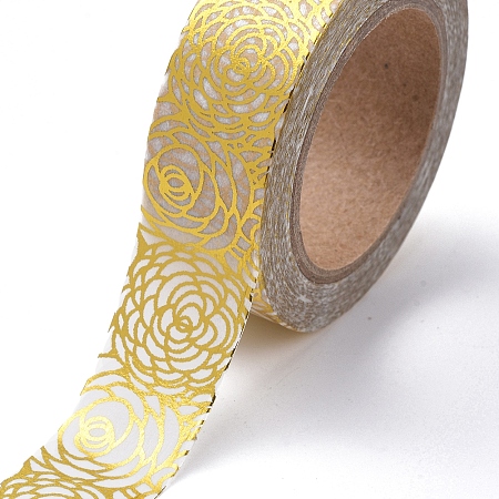 Honeyhandy Foil Masking Tapes, DIY Scrapbook Decorative Paper Tapes, Adhesive Tapes, for Craft and Gifts, Flower, Gold, 15mm, 10m/roll