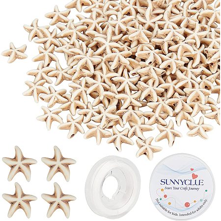 SUNNYCLUE 1 Box 160Pcs Starfish Turquoise Beads Ocean Starfish Charms Carved Spacer Beads with 11 Yard Elastic Thread for DIY Jewerly Making Necklace Bracelet Earrings, Antique White
