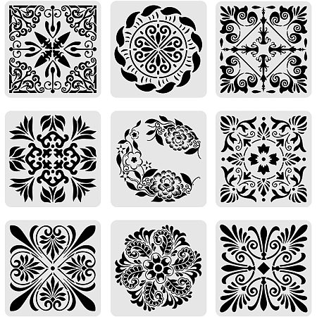 BENECREAT 9PCS 12x12 Inches Mixed Plastic Template Stencil Floral Pattern Painting Stencil for Art Craft Painting Scrabooking and Decoration