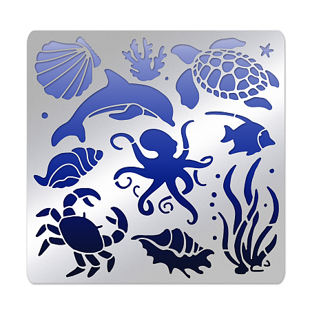 BENECREAT Ocean Theme Matte Metal Stencils, Dolphins Turtles Crabs Shells Stencil Template for Painting, Wood Burning, Leather Burning, Engraving, Scrapbooking, 15.6x15.6cm
