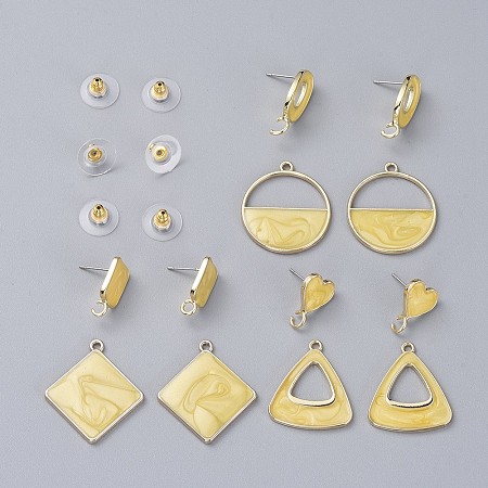 DIY Earring Making, with Alloy Enamel Stud Earring Findings, with Steel Pin, Alloy Enamel Pendants, Flat Round & Rhombus & Triangle, Light Gold, Earring Findings: Pin: 0.7mm; 6pcs/set