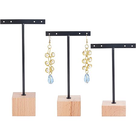 FINGERINSPIRE 3 Pcs Black Metal T Bar Earring Display Stand with Wooden Square Base 4 Holes Earrings T Stand Hanging Earring Organizer for Store Retail Photography Props（4.7 & 5.5 & 6.3 inch Height）