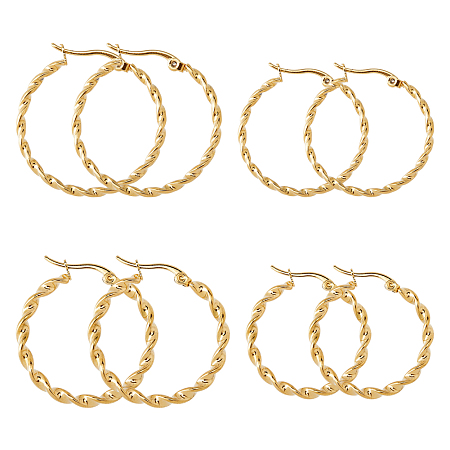 DICOSMETIC 4 Pairs 4 Sizes Small Hoop Earrings 25/26/30mm Round Huggie Hoop Earrings Twist Rope Hoop Earrings Golden Chunky Hoop Earrings with 0.6mm Pin for Women Jewelry Gifts