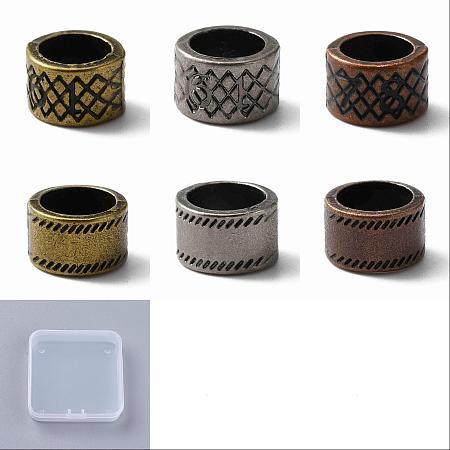 Arricraft 60Pcs 6 Style  Tibetan Style Alloy Spacer Beads, Large Hole Beads, Column, Mixed Color, 11x7mm, Hole: 8mm, 10pcs/style