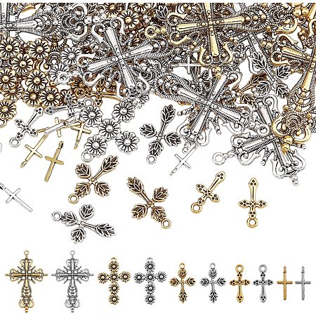 CHGCRAFT 80pcs Cross Charms Pendants with Flower Pattern Cross Easter Crucifix Pendant Charm for Rosary Bracelet Jewelry Making