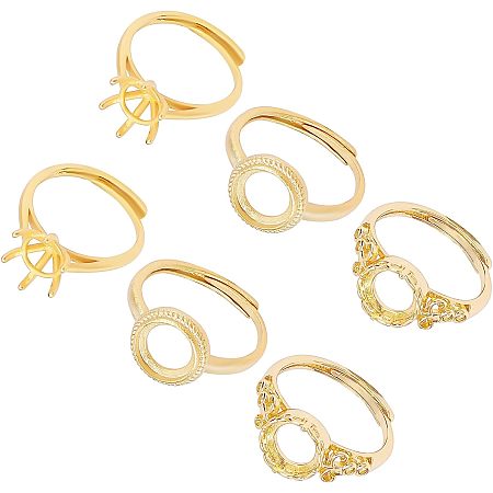 SUPERFINDINGS 6Pcs 3 Styles Bezel Cup Blank Rings Golden Brass Finger Ring Components Flat Round Pad Ring Settings for Ring Making, Inner Diameter: 17~17.8mm