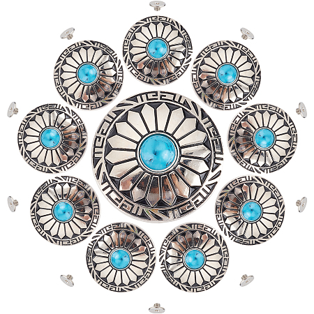 Gorgecraft 10Pcs 1-Hole Alloy & Turquoise Buttons, Flat Round with Sunflowers Pattern, for DIY Luggage and Hardware Accessaries, Platinum, 30x10.3~10.8mm, Hole: 2.5mm, 10pcs/box