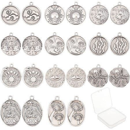 SUNNYCLUE 1 Box 22Pcs 11 Style Tibetan Style Pendant Moon and Sun Charms Evil Eye Flat Round Charms for Jewelry Making Thai Sterling Silver Plated Earring Findings Necklace Supplies Adult Women