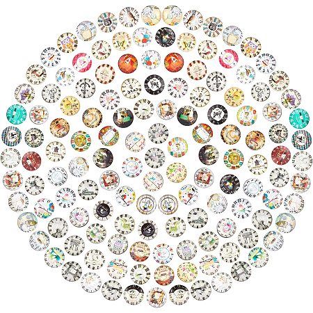 PandaHall Elite 140pcs Clock Glass Cabochons, 12mm 70 Styles Time Clock Printed Glass Dome Cabochons Half Round Crafts Mosaic Tiles for Photo Pendant Jewelry Making