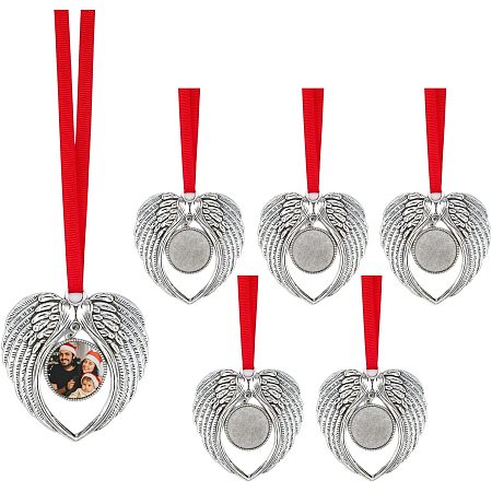 SUPERFINDINGS 6Pcs Alloy Angel Wing Sublimation Ornament Blank Hot Transfer Printing Sublimation Decoration Heat Sublimation Photo Frame Pendant for Christmas Party Decor, Tray: 25mm