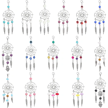 NBEADS 32 Pcs 11 Styles Dreamcatcher Charms, Colorful Wood Beads Dream Catcher Pendants with Alloy Findings, Lobster Claw Clasps and Feathers for Earrings Necklace and Keyring Making