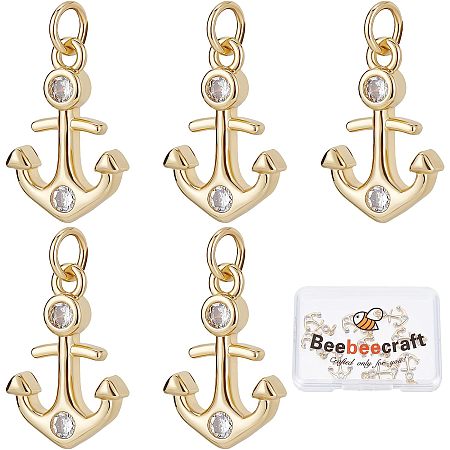 Beebeecraft 10Pcs/Box 18K Gold Plated Nautical Anchor Charms Cubic Zirconia Ship Sign Metal Pedants for Summer DIY Jewelry Bracelet Necklace Earring Making Crafting