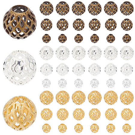 PandaHall Elite 90pcs Hollow Round Beads, 3 Sizes Filigree Spacer Beads Metal Loose Beads Brass Craft Beads for Jewelry Bracelet Necklace Earring Making DIY Crafts, 5/7/9mm