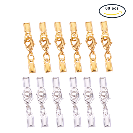PandaHall Elite 60 Sets Brass Lobster Claw Clasps with Fold Over Cord End Caps 33x5mm for Jewelry Making 2 Colors