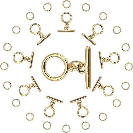 SUNNYCLUE 1 Box 10 Sets 18K Gold Plated Toggle Jewelry Clasp Sets Jewellery Connectors & 20pcs Stainless Steel Jump Rings Bracelet Ring Clasp for Women Beginners DIY Bracelet Necklace Making