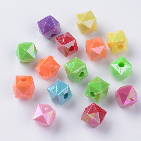 Arricraft Opaque Acrylic Beads, AB Color Plated, Faceted Cube, Mixed Color, 9.5x9.5x9mm, Hole: 2mm; about 1160pcs/500g
