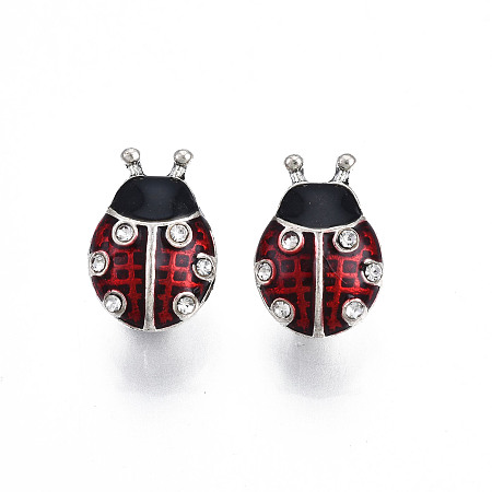 Honeyhandy Rack Plating Alloy Enamel European Charms, with Crystal Rhinestone, Large Hole Beads, Cadmium Free & Lead Free, Antique Silver, Ladybird, Dark Red, 13x9x9mm, Hole: 5mm