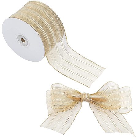 GORGECRAFT 22 Yards Ribbon Striped Wired Sheer Gold Wrapping Ribbons Wide Satin 2.5