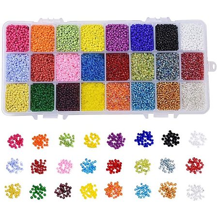 NBEADS 1 Box 24 Color 12/0 Round Glass Seed Beads, 2mm Mixed Frosted Colors Loose Spacer Beads Transparent Colors Lustered Pony Beads for DIY Craft Bracelet Necklace Jewelry Making, Mixed Color
