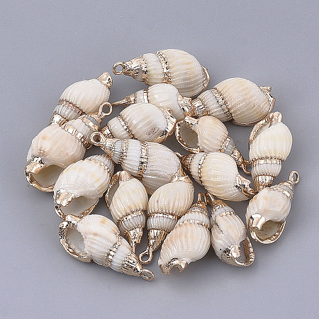 Honeyhandy Electroplate Spiral Shell Pendants, with Iron Findings, Golden, Seashell Color, 19~29x9~13x8~10mm, Hole: 1.6mm