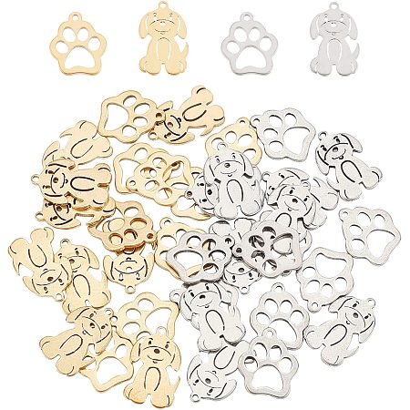 DICOSMETIC 40pcs 2 Style Golden and Stainless Steel Color Cute Dog Pendants Dog Paw Print Charms Pet Footprint Pendants Animal Charms for Jewelry Making Craft