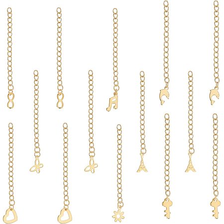 DICOSMETIC 16Pcs 8 Styles Stainless Steel Extender Chain Key/Heart/Dolphin/Flower/Butterfly Necklace Bracelet Extender Chain Set Golden Tail Chain for Jewelry Making Extensions