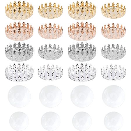 UNICRAFTALE 16pcs 4 Colors Stainless Steel Lace Edge Bezel Cups Flat Round Flat Round Trays Blank Bezel Pendant Trays with Transparent Half Round Glass Cabochons 12/13/15/16mm