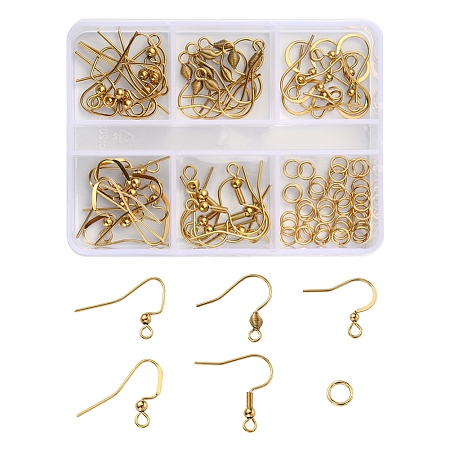 50Pcs 5 Style 304 Stainless Steel Earring Hooks, Ear Wire, with 50Pcs Jump Rings, Cadmium Free & Nickel Free & Lead Free, Real 18K Gold Plated, 16~21x17~22mm, Hole: 2mm, Pin: 0.7mm, 10pcs/style