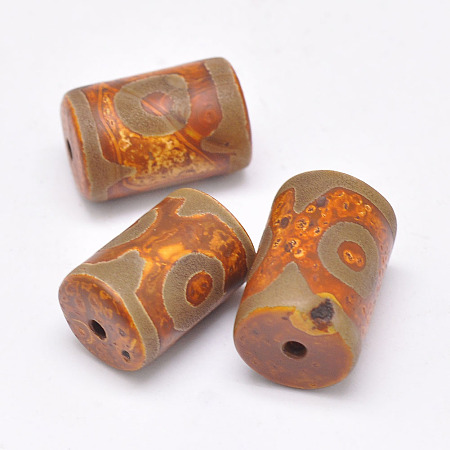 Honeyhandy Tibetan 3-Eye dZi Beads, Natural Agate Beads, Dyed & Heated, Column, Chocolate, 20~29x12~17mm, Hole: 2~3mm