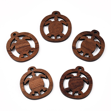 Honeyhandy Natural Walnut Wood Pendants, Undyed, Flat Round Charms with Sea Turtle, Camel, 25x23.5x2.5mm, Hole: 2mm