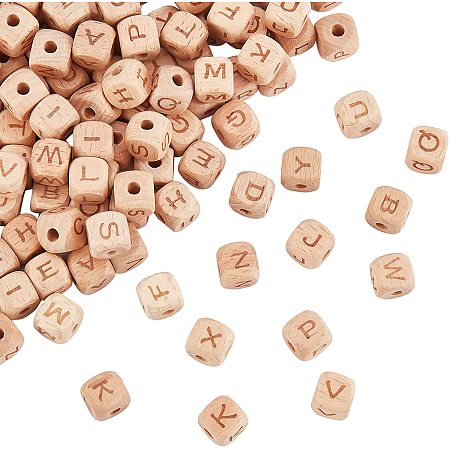 OLYCRAFT 130Pcs 12mm Alphabet Wooden Beads Natural Cube Wooden Beads Wooden Large Hole Beads with Initial Letter A to Z for Jewelry Making and DIY Crafts