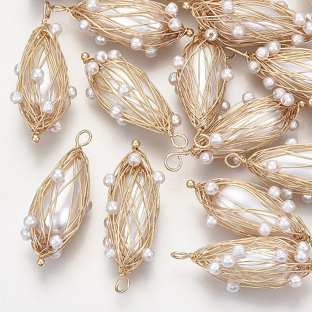 ABS Plastic Imitation Pearl Pendants, with Light Gold Plated Brass Wire Wire, Teardrop, Creamy White, 33~38x11~12x11~12mm, Hole: 2~3mm