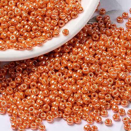 Honeyhandy MIYUKI Round Rocailles Beads, Japanese Seed Beads, (RR423) Opaque Light Orange Luster, 8/0, 3mm, Hole: 1mm, about 422~455pcs/10g