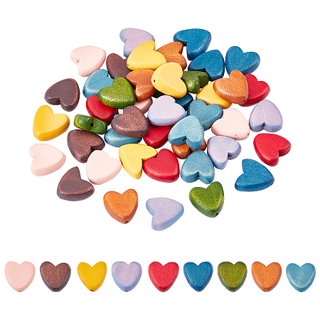 Painted Natural Wood Beads, Heart, Mixed Color, 15.5x15.5x6mm, Hole: 1.5mm; 9 colors, 6pcs/color, 54pcs/set