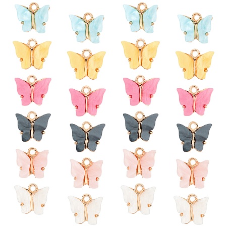 SUNNYCLUE Light Gold Plated Acrylic Charms, Butterfly, Mixed Color, 12.2x14.2x3.2mm, Hole: 1.8mm, 6 colors, 4pcs/color, Total 24pcs/box