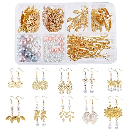 SUNNYCLUE DIY Earring Making Kits, include Brass & Iron Filigree Joiners Links, Brass Pendants & Earring Hooks, Glass Pearl Beads, Golden & Light Gold, 40x28x2.5mm, Hole: 2.5mm, 122pcs/box
