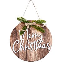 GORGECRAFT 12 Inch Merry Christmas Wood Sign for Front Door Wreaths Hanging Wooden Wall Decor Round Sign Cut Wall Sculpture Hanging Decor for Housewarming Home Office Outdoor Decoration