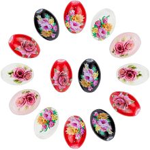 Arricraft 24Pcs 6 Colors Printed & Spray Painted Opaque Glass Beads, Oval with Floral Pattern, Mixed Color, 15x10mm, Hole: 1.6mm, 4pcs/color