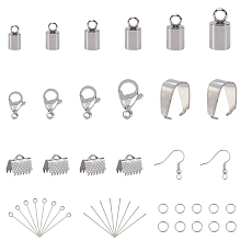 Unicraftale DIY 304 Stainless Steel Finding Kits, include Cord Ends & Lobster Claw Clasps & Open Jump Rings & Eye Pin & Flat Head Pins & Ribbon Crimp Ends & Earring Hooks, Stainless Steel Color, 9x5mm, Hole: 2mm; Inner Diameter: 4mm; 194pcs/box