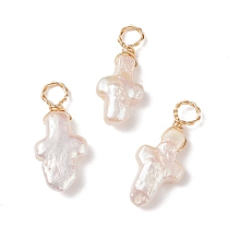 Honeyhandy Natural Keshi Pearl Pendants, Religion Cross Charm, Cultured Freshwater Pearl, with Light Gold Tone Copper Wire Wrapped, Seashell Color, 20~22x8.5~9.5x4~4.5mm, Hole: 3mm