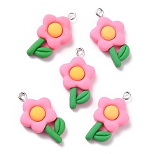 Honeyhandy Resin Pendants, with Platinum Iron Peg Bail, Flower, Hot Pink, 31.5x17x6mm, Hole: 2mm